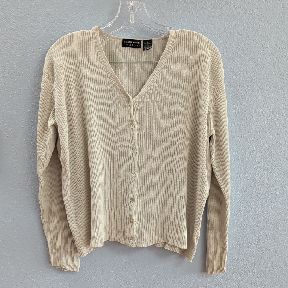 Liz Claiborne Collection Silk Cream V-Neck Button-Up Y2K Sweater